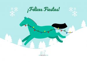 felicitacion de las fiestas con una ilustración de un caballo con luces de navidad