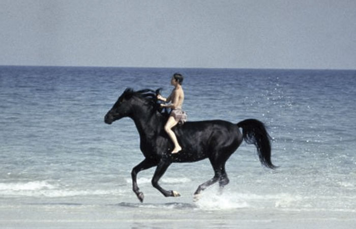 escena en la que aparecen el protagonista a lomos de un caballo negro en la playa
