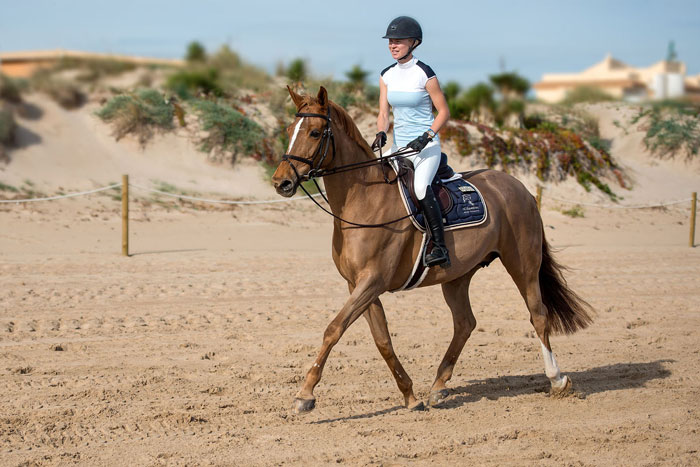 amazona con su caballo en la playa del MET en Oliva Nova