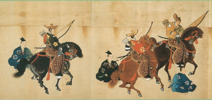 dibujo tradicional de samurais a caballo con arcos