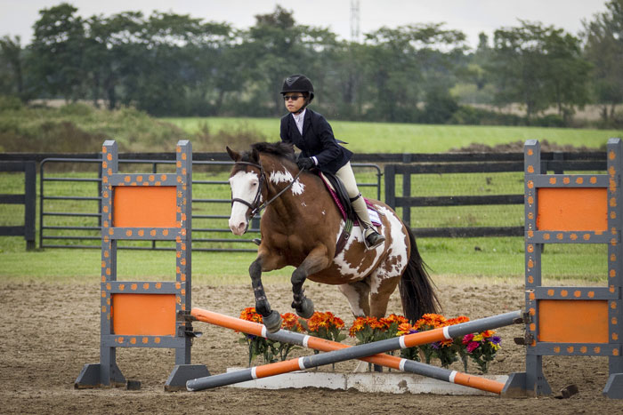 niña con caballo pio saltando una cruzada en un concurso de la disciplina ecuestre salto de obstáculos